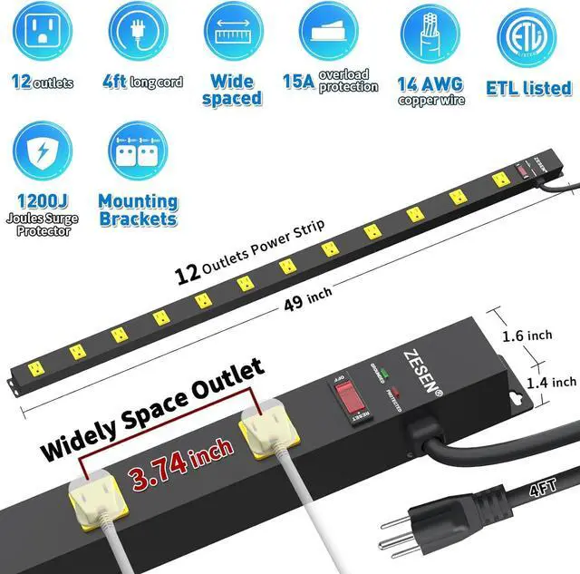 Alt view image 2 of 7 - 12 Outlet Long Power Strips Heavy Duty Garage Workshop Multi Wide Industrial Power Strip Surge Protector with 4ft Cord, ETL Certified, 1875W, Black