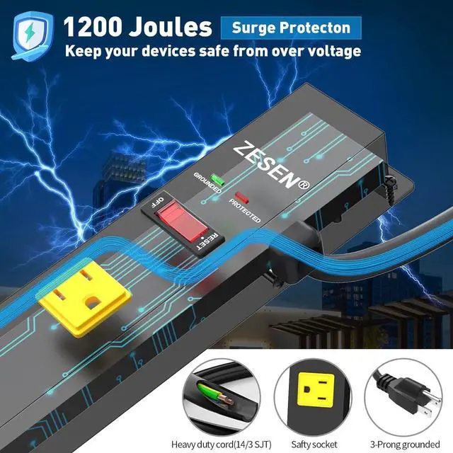 Alt view image 3 of 7 - 12 Outlet Long Power Strips Heavy Duty Garage Workshop Multi Wide Industrial Power Strip Surge Protector with 4ft Cord, ETL Certified, 1875W, Black