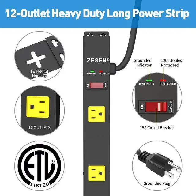 Alt view image 6 of 7 - 12 Outlet Long Power Strips Heavy Duty Garage Workshop Multi Wide Industrial Power Strip Surge Protector with 4ft Cord, ETL Certified, 1875W, Black