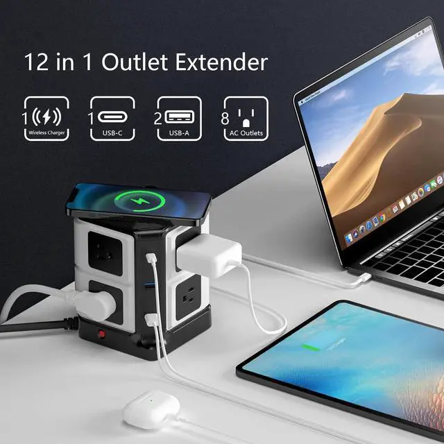 Alt view image 2 of 7 - PD 20W USB C Power Strip with Wireless Charger BESTEK 8-Outlet Surge Protector and 30W 3-Port USB Charging Dock Station,4000 Joules,ETL Listed,Dorm Room Accessories (8AC+3USB+Wireless Charger-Black)