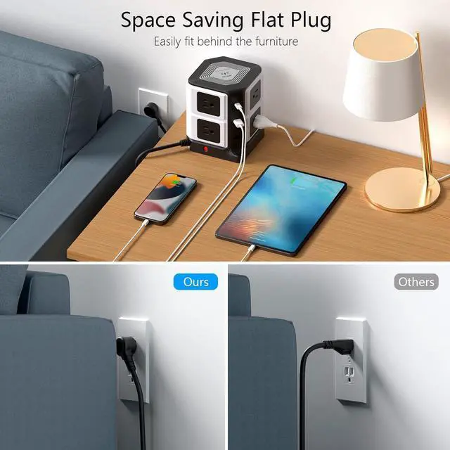 Alt view image 4 of 7 - PD 20W USB C Power Strip with Wireless Charger BESTEK 8-Outlet Surge Protector and 30W 3-Port USB Charging Dock Station,4000 Joules,ETL Listed,Dorm Room Accessories (8AC+3USB+Wireless Charger-Black)