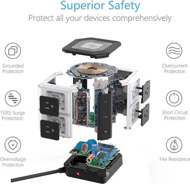 Alt view image 6 of 7 - PD 20W USB C Power Strip with Wireless Charger BESTEK 8-Outlet Surge Protector and 30W 3-Port USB Charging Dock Station,4000 Joules,ETL Listed,Dorm Room Accessories (8AC+3USB+Wireless Charger-Black)