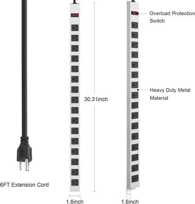 Alt view image 7 of 7 - JUNNUJ Metal Long 16 Outlet Surge Protector Power Strip, White, 6 FT | Plug Extender with Heavy Duty Extension Cord, Wall Mount, Wide Spaced, with Switch, ETL Listed