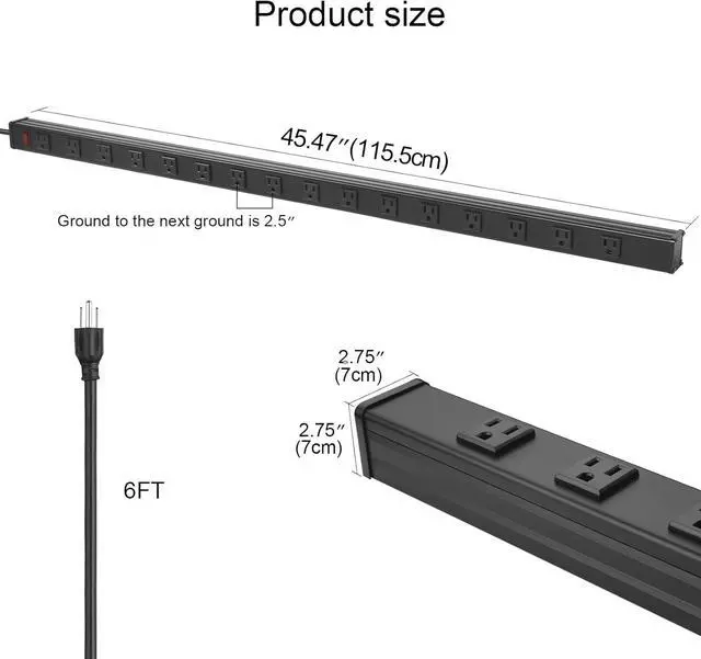 Alt view image 2 of 7 - Long Heavy Duty 16 Outlet Large Metal Garage Workshop Multi Wide Industrial Power Strip. 6FT Cord 15A, 125V, 1875W (Black)