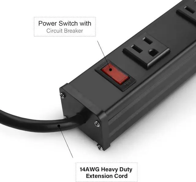 Alt view image 3 of 7 - Long Heavy Duty 16 Outlet Large Metal Garage Workshop Multi Wide Industrial Power Strip. 6FT Cord 15A, 125V, 1875W (Black)