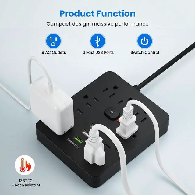 Alt view image 3 of 7 - Power Strip Surge Protector with 9 Outlet 3 USB Ports, Fireproof Desktop Charging Station with Flat Plug Wall Mount 5 ft Long Extension Cords for Home and Office, Black