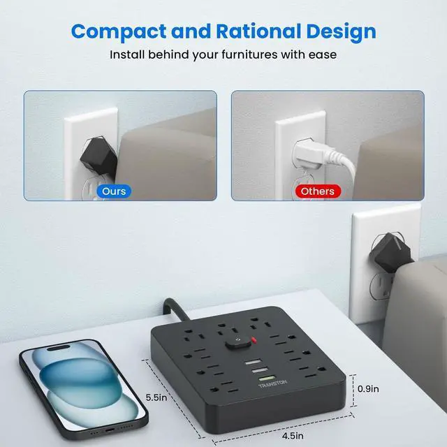 Alt view image 4 of 7 - Power Strip Surge Protector with 9 Outlet 3 USB Ports, Fireproof Desktop Charging Station with Flat Plug Wall Mount 5 ft Long Extension Cords for Home and Office, Black