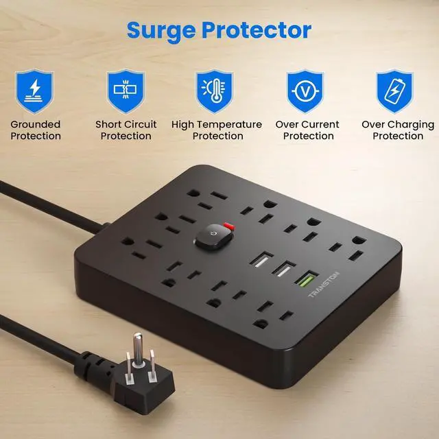 Alt view image 5 of 7 - Power Strip Surge Protector with 9 Outlet 3 USB Ports, Fireproof Desktop Charging Station with Flat Plug Wall Mount 5 ft Long Extension Cords for Home and Office, Black