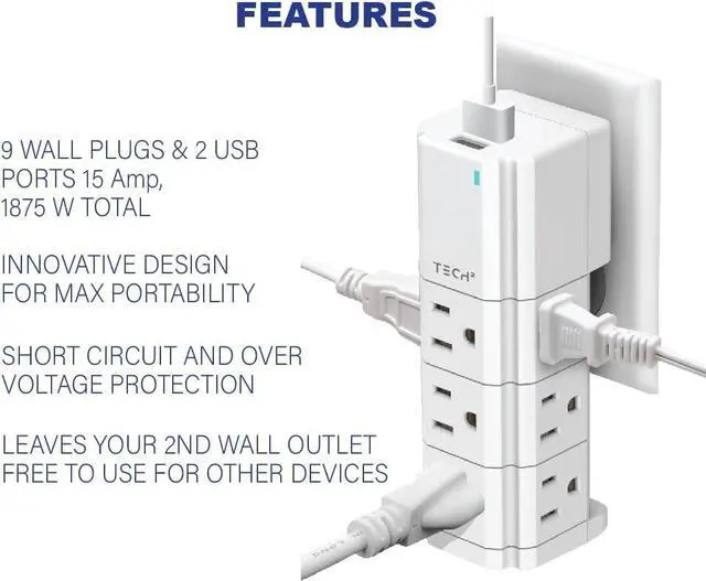 Alt view image 6 of 7 - Multi Plug Wall Outlet Surge Protector with USB Ports - 9 Outlet Extender with 2 USB-A Ports - Power Strip with Adapter Spaced Outlets for Home, Travel, Office (White) 1 Pack