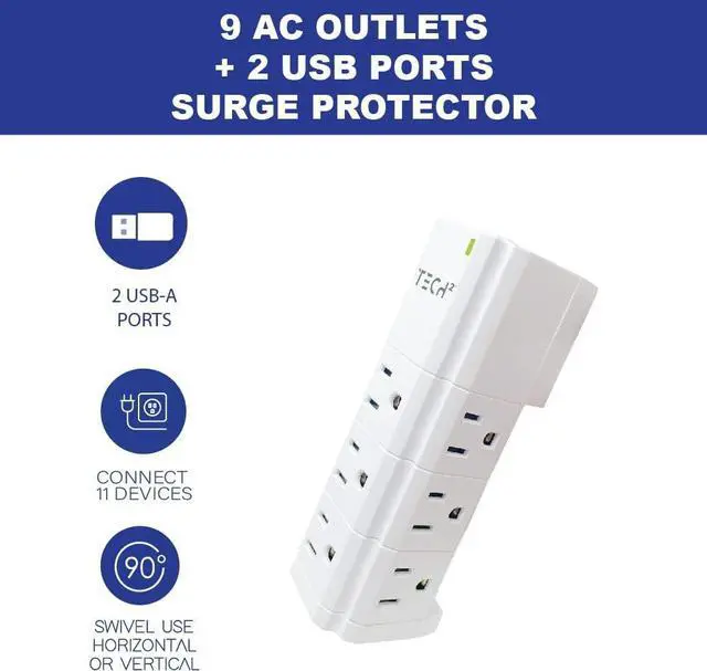 Alt view image 7 of 7 - Multi Plug Wall Outlet Surge Protector with USB Ports - 9 Outlet Extender with 2 USB-A Ports - Power Strip with Adapter Spaced Outlets for Home, Travel, Office (White) 1 Pack