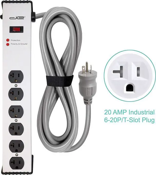 Alt view image 3 of 7 - Digital Energy 20 Amp 6-20/T- Slot Plug | 15-Ft Cord - 900 Joule Surge Protector | 6-Outlet, Heavy Duty Steel Body Power Strip