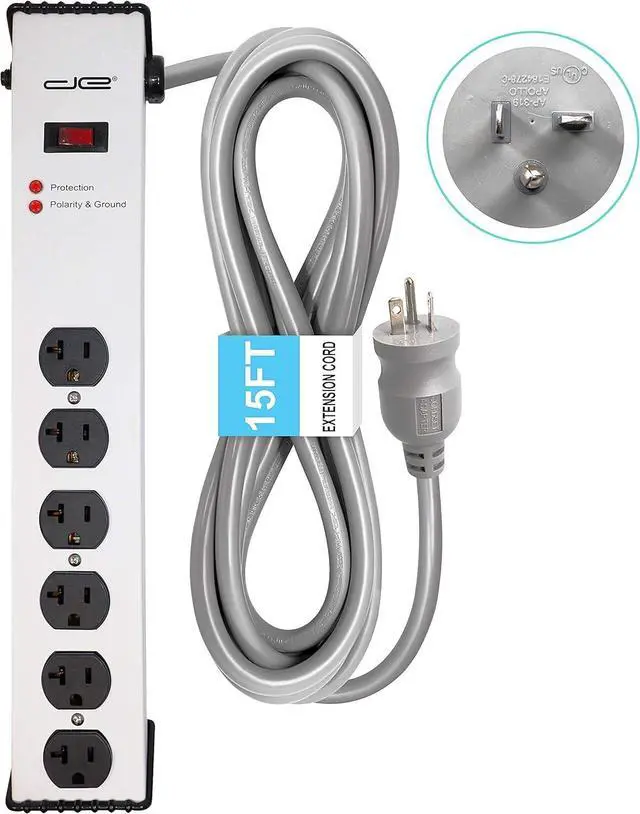 Alt view image 4 of 7 - Digital Energy 20 Amp 6-20/T- Slot Plug | 15-Ft Cord - 900 Joule Surge Protector | 6-Outlet, Heavy Duty Steel Body Power Strip