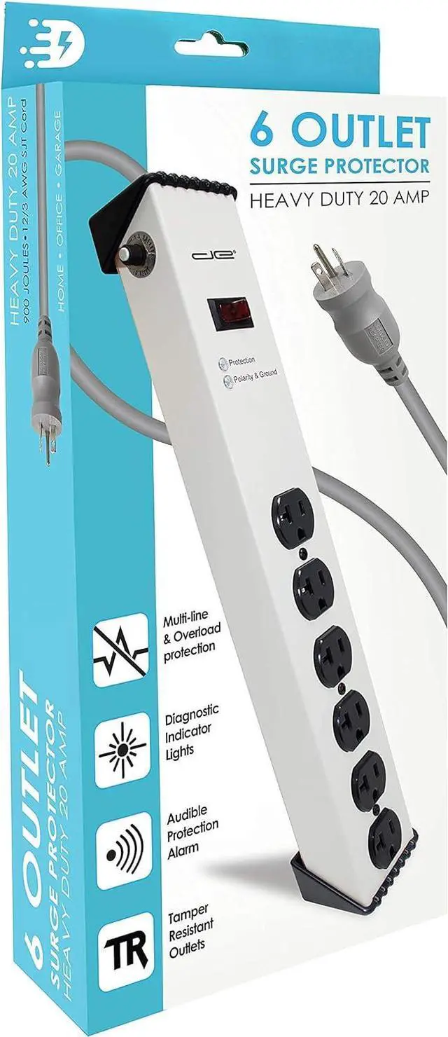 Alt view image 7 of 7 - Digital Energy 20 Amp 6-20/T- Slot Plug | 15-Ft Cord - 900 Joule Surge Protector | 6-Outlet, Heavy Duty Steel Body Power Strip