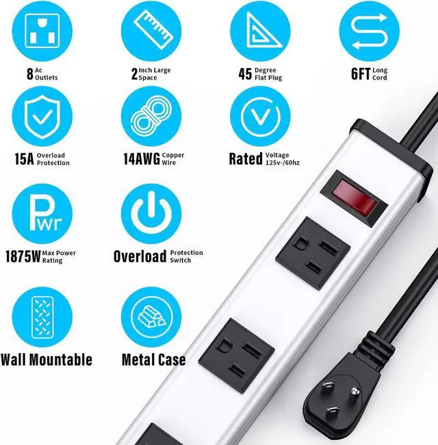 Alt view image 3 of 7 - 8-Outlet Long Metal Heavy Duty Power Strip - 6FT Cord, 15A/1875W, Wide Spaced Outlets, Mountable for Home, Office, Garage, and Workshop