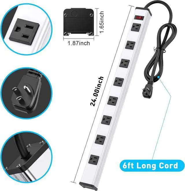 Alt view image 7 of 7 - 8-Outlet Long Metal Heavy Duty Power Strip - 6FT Cord, 15A/1875W, Wide Spaced Outlets, Mountable for Home, Office, Garage, and Workshop