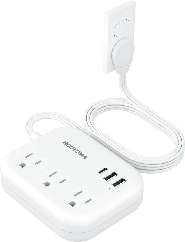 Main image of Flat Extension Cord 5 FT Behind Furniture-Ultra Slim Cord Under Carpet, Rug, Door, Long Extension Cord with 3 USB 3 Outlets, Low Profile Power Strip for Travel Office Indoor, 1080 Joules Protected