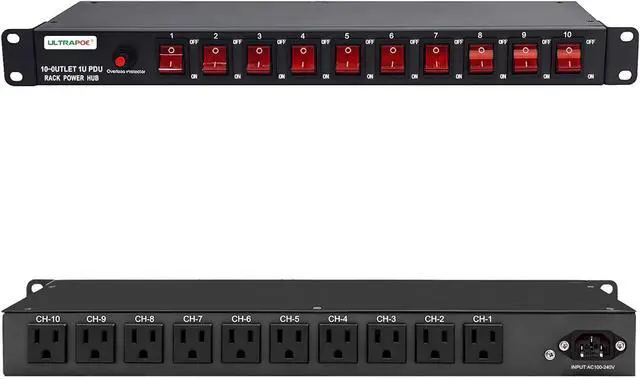 Main image of 10-Outlet 1U Horizontal PDU Rack Mount Power Strip - Surge Protector,100-240V/15A/1800 Joules,for Network Servers,Power Conditioner with 10 Individual Switches and 6 ft Power Cord