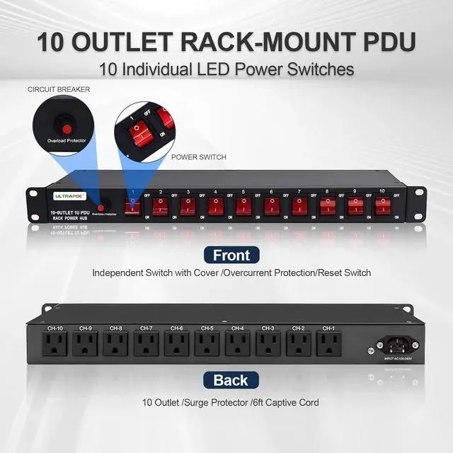 Alt view image 2 of 7 - 10-Outlet 1U Horizontal PDU Rack Mount Power Strip - Surge Protector,100-240V/15A/1800 Joules,for Network Servers,Power Conditioner with 10 Individual Switches and 6 ft Power Cord