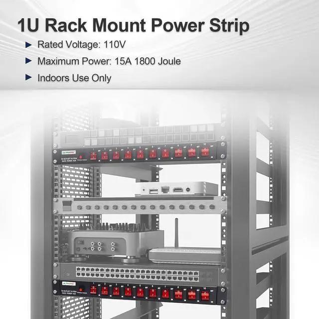 Alt view image 3 of 7 - 10-Outlet 1U Horizontal PDU Rack Mount Power Strip - Surge Protector,100-240V/15A/1800 Joules,for Network Servers,Power Conditioner with 10 Individual Switches and 6 ft Power Cord