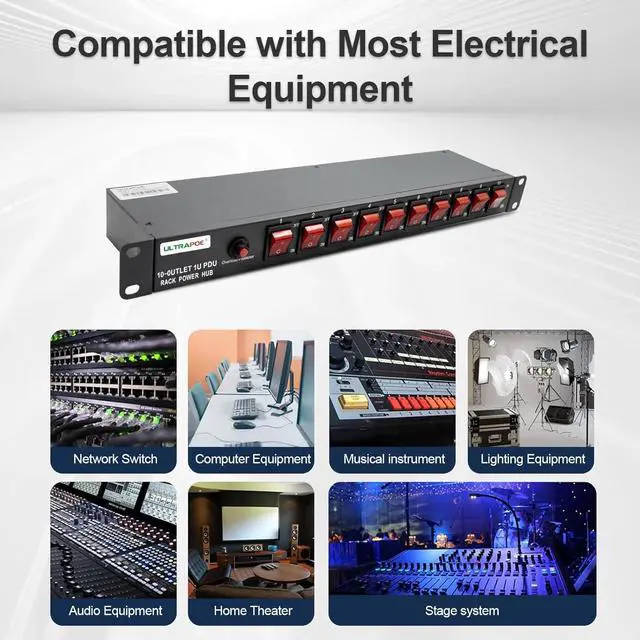 Alt view image 7 of 7 - 10-Outlet 1U Horizontal PDU Rack Mount Power Strip - Surge Protector,100-240V/15A/1800 Joules,for Network Servers,Power Conditioner with 10 Individual Switches and 6 ft Power Cord