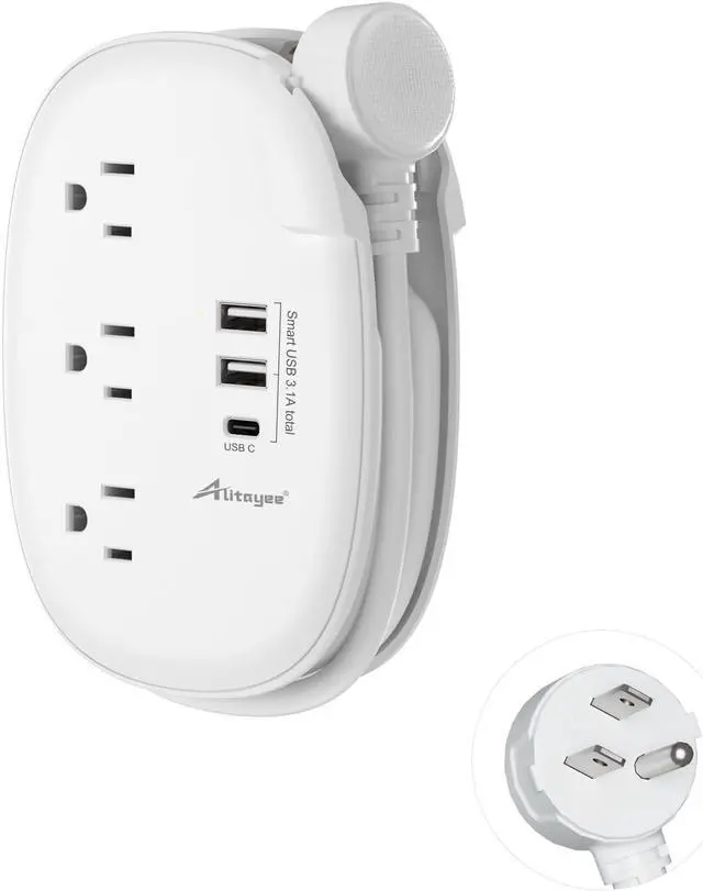 Main image of Alitayee USB C Travel Power Strip,Portable Power Strip with 3 Outlets 3 USB Ports Fast Charge, USB Extension Cord with Flat Plug and 4ft Wrapped Around Extension Cord for Cruise Travel Home Office