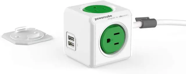 Main image of Allocacoc, PowerCube |ExtendedUSB|, 4 outlets, 2 USB Ports, 5 feet cable, Mounting dock, Surge Protection, Childproof Sockets, ETL Certified (Green)