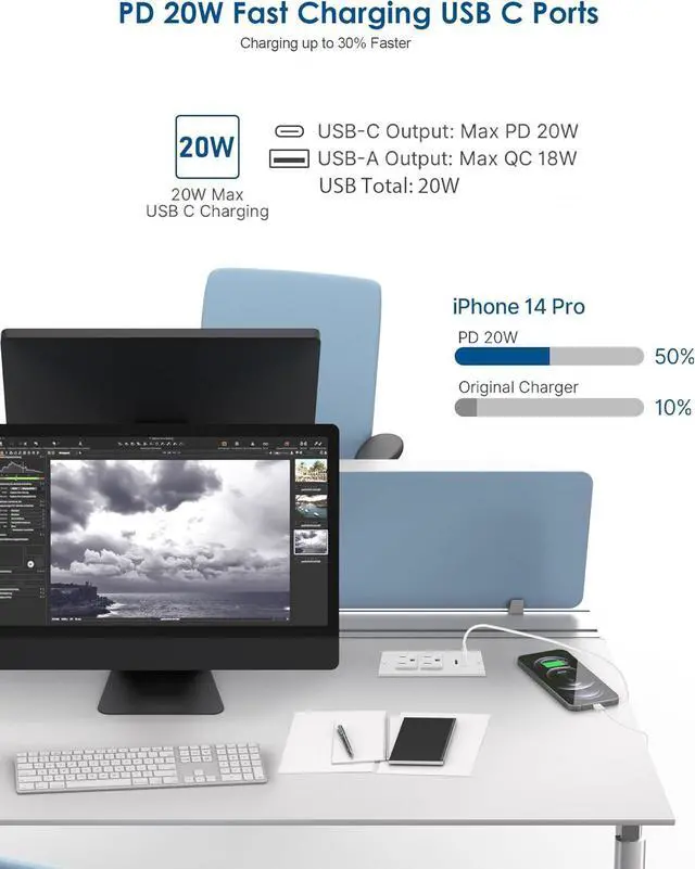 Alt view image 2 of 7 - Conference Recessed Power Strip USB C PD 20W Fast Charging,Furniture Recessed Outlet,2 Outlets,2 USB Ports Table Power Strip,Flush Mount Power Strip for Side Table,6ft Cord,Flat Plug
