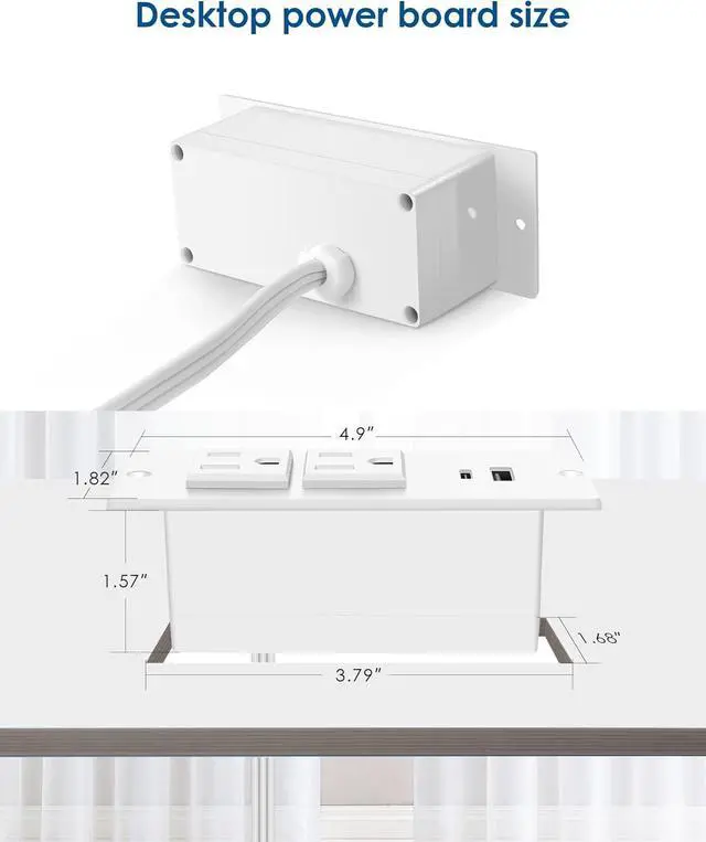 Alt view image 7 of 7 - Conference Recessed Power Strip USB C PD 20W Fast Charging,Furniture Recessed Outlet,2 Outlets,2 USB Ports Table Power Strip,Flush Mount Power Strip for Side Table,6ft Cord,Flat Plug