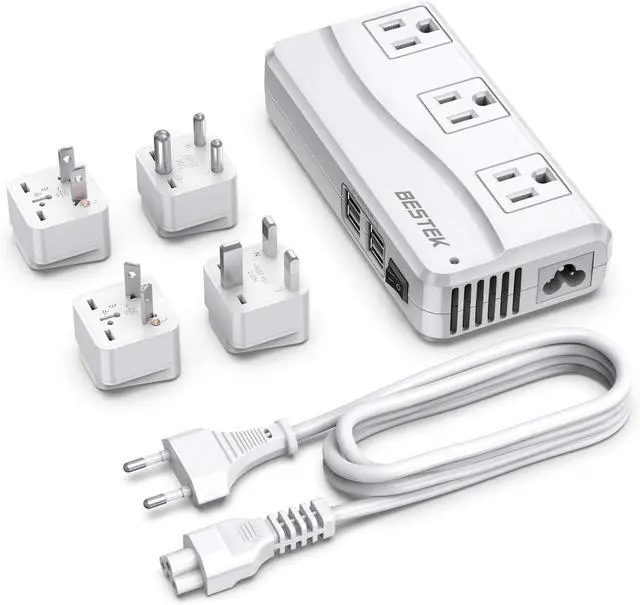 Main image of BESTEK Universal Travel Adapter 100-220V to 110V Voltage Converter 250W with 6A 4-Port USB Charging 3 AC Sockets and EU/UK/AU/US/India Worldwide Plug Adapter (White)