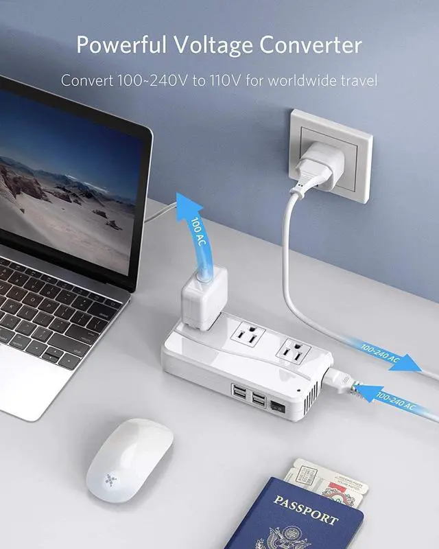 Alt view image 3 of 7 - BESTEK Universal Travel Adapter 100-220V to 110V Voltage Converter 250W with 6A 4-Port USB Charging 3 AC Sockets and EU/UK/AU/US/India Worldwide Plug Adapter (White)