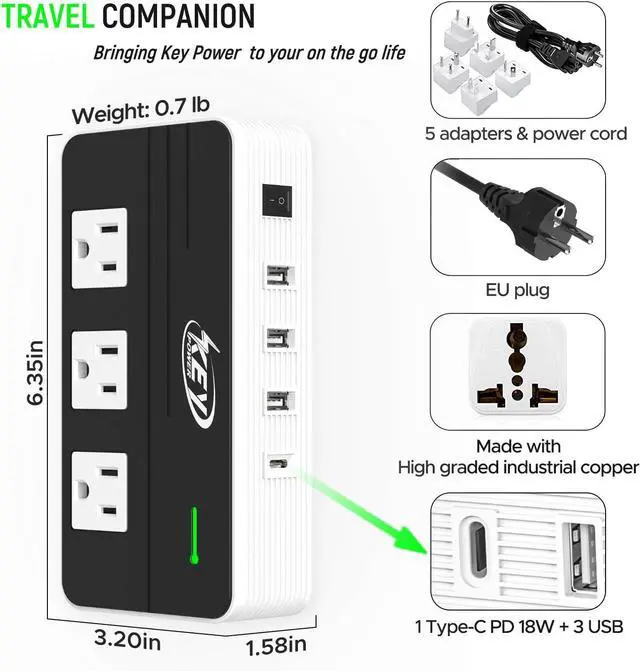 Alt view image 7 of 7 - 230-Watt Step Down 220V to 110V Voltage Converter & International Travel Adapter/Power Converter with USB-C Port 18W - [Use for USA Appliance Overseas in Europe, AU, UK, Ireland, etc.]