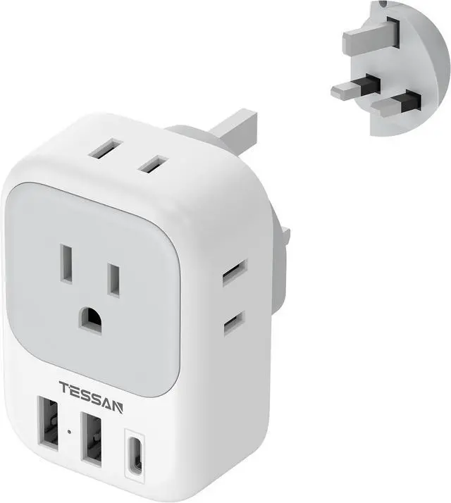 Main image of US to UK Plug Adapter, TESSAN Type G Travel Converter with 3 USB Charger(1 USB C Port), 4 Outlets Power Adaptor for USA to Qatar Ireland Hong Kong England Scotland Kenya Dubai London British