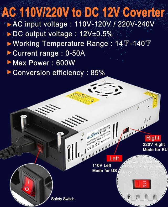 Alt view image 3 of 7 - AC to DC Converter 12V Power Supply,Universal SMPS 120V AC to 12V 50A 600W DC Converter Power Supply Transformer Driver Adapter for RV,Pump,LED Strip, LCD Monitor