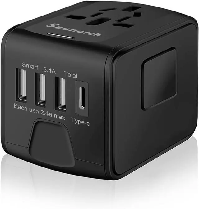 Main image of Universal International Travel Power Adapter W/High Speed 2.4A USB, 3.0A Type-C Wall Charger, European Adapter, Worldwide AC Outlet Plugs Adapters for Europe, UK, US, AU, Asia-Black