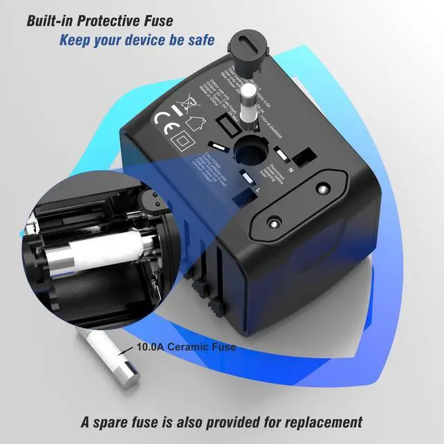 Alt view image 4 of 7 - Universal International Travel Power Adapter W/High Speed 2.4A USB, 3.0A Type-C Wall Charger, European Adapter, Worldwide AC Outlet Plugs Adapters for Europe, UK, US, AU, Asia-Black