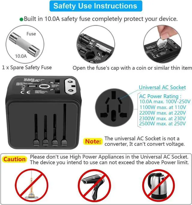Alt view image 6 of 7 - Universal International Travel Power Adapter W/High Speed 2.4A USB, 3.0A Type-C Wall Charger, European Adapter, Worldwide AC Outlet Plugs Adapters for Europe, UK, US, AU, Asia-Black