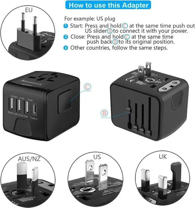 Alt view image 5 of 7 - Universal International Travel Power Adapter W/High Speed 2.4A USB, 3.0A Type-C Wall Charger, European Adapter, Worldwide AC Outlet Plugs Adapters for Europe, UK, US, AU, Asia-Black