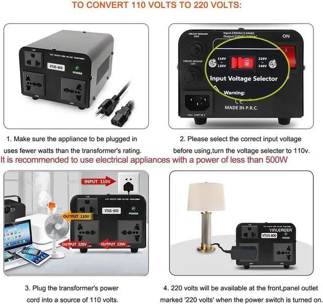 Alt view image 4 of 7 - Yinleader 800W Voltage Converter Step Up 110V-120V to 220V-240V & Step Down 220V-240V to 110V-120V Power Transformer w/US Power Cord,Circuit Breaker Protection (VTUS-800)