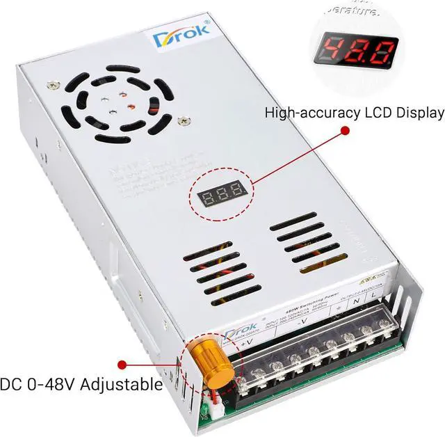 Alt view image 2 of 7 - DROK 48V Power Supply, AC 110V/220V to DC 0-48V 10A 480W Buck Converter, Adjustable Variable LED Adapter Regulated 5V 12V 24V 30V 36V 48V Volt Voltage Transformer 10A Amp Charger for Lab CCTV