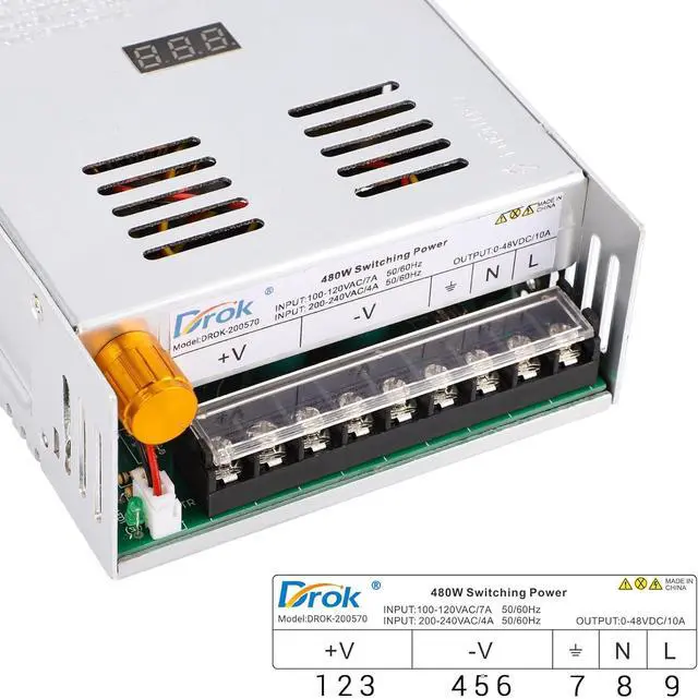 Alt view image 3 of 7 - DROK 48V Power Supply, AC 110V/220V to DC 0-48V 10A 480W Buck Converter, Adjustable Variable LED Adapter Regulated 5V 12V 24V 30V 36V 48V Volt Voltage Transformer 10A Amp Charger for Lab CCTV