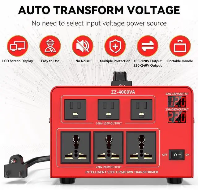 Alt view image 2 of 7 - 4000 Watt Voltage Converter Transformer Heavy Duty Step Up/Down Power Converter 220V to 110V, 110V to 220V with 3 US Outlets, 3 Universal Outlets, LCD Display, Circuit Breaker Protection