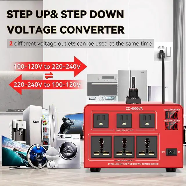 Alt view image 5 of 7 - 4000 Watt Voltage Converter Transformer Heavy Duty Step Up/Down Power Converter 220V to 110V, 110V to 220V with 3 US Outlets, 3 Universal Outlets, LCD Display, Circuit Breaker Protection