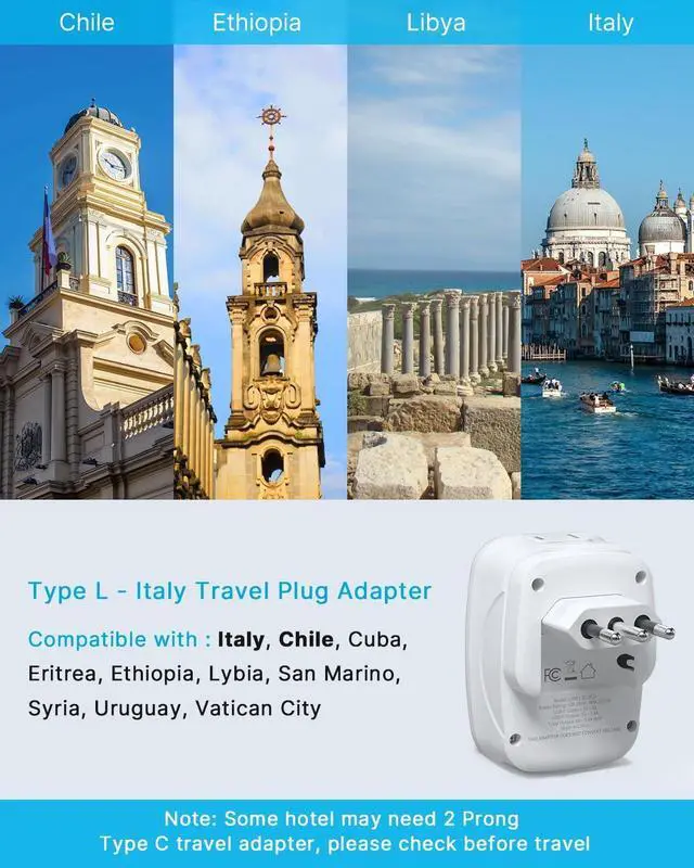 Alt view image 3 of 6 - 1 Pack Italy Travel Plug Adapter, VINTAR Foldable Italy Power Adapter with 2 AC Outlets 1 USB and 2 USB C Ports, 3 Prong Grounded Type L Plug Adapter for US to Italy Rome Uruguay Chile