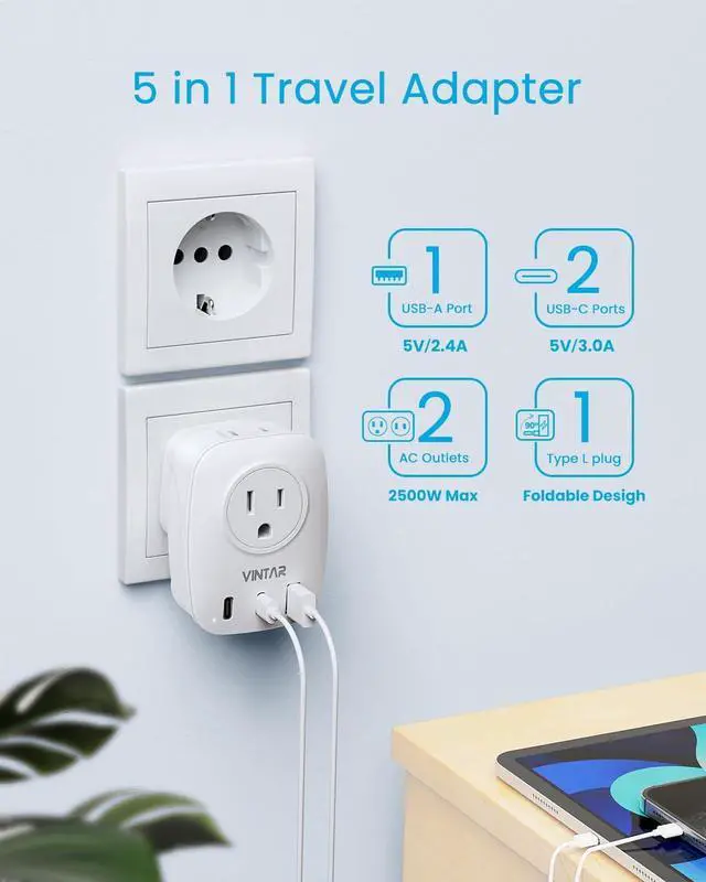 Alt view image 5 of 6 - 1 Pack Italy Travel Plug Adapter, VINTAR Foldable Italy Power Adapter with 2 AC Outlets 1 USB and 2 USB C Ports, 3 Prong Grounded Type L Plug Adapter for US to Italy Rome Uruguay Chile