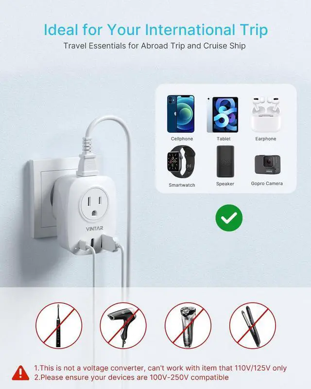 Alt view image 6 of 6 - 1 Pack Italy Travel Plug Adapter, VINTAR Foldable Italy Power Adapter with 2 AC Outlets 1 USB and 2 USB C Ports, 3 Prong Grounded Type L Plug Adapter for US to Italy Rome Uruguay Chile