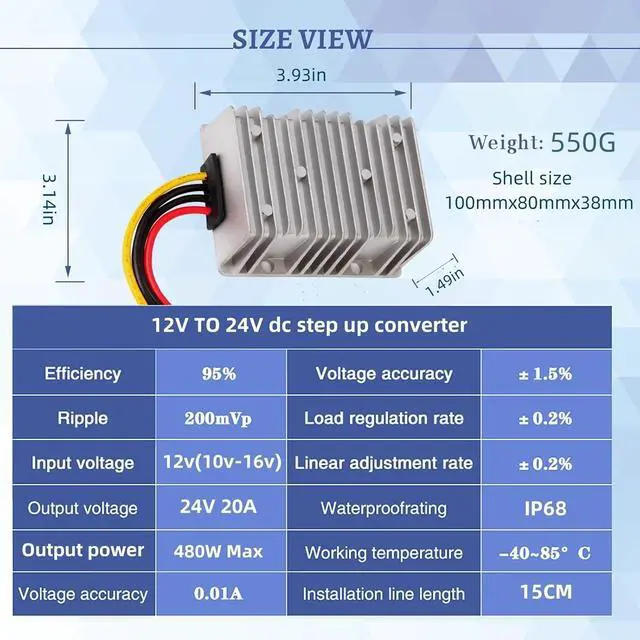 Alt view image 6 of 7 - DC 12V Step Up to 24V Boost Converter 20A 480W DC Voltage Regulator Power Converter Waterproof Module Transformer for Golf Cart Club Car