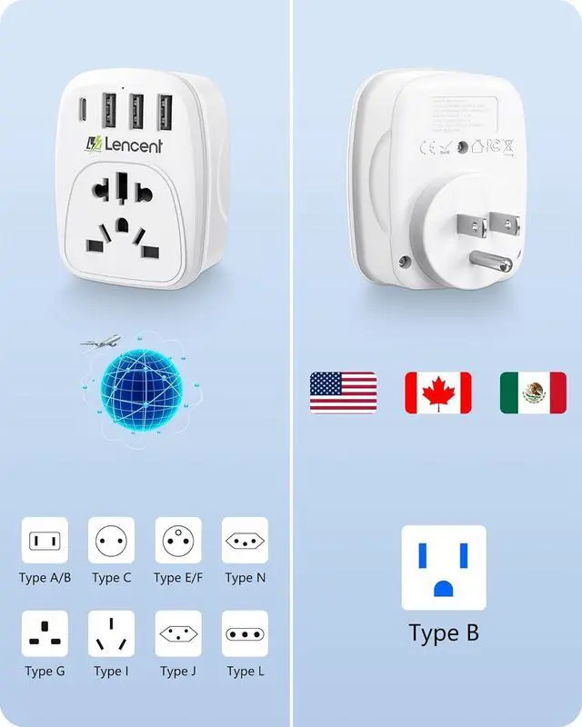 Alt view image 2 of 7 - LENCENT World to US Plug Adapter with 3 USB & 1 PD Type-c Quick Fast Charger Ports, Type B European EU Europe/UK/Australia/China to USA American Canada Japan Outlet Power Adaptor Travel Plug Converter