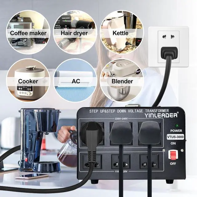 Alt view image 4 of 7 - Yinleader Voltage Converter Transformer(110V to 220V, 220V to 110V) Step Up/Down Transformer Converter 110/120 Volt - 220/240 Volt w/US Power Cord,Circuit Breaker Protection (VTUS-3000-6S)