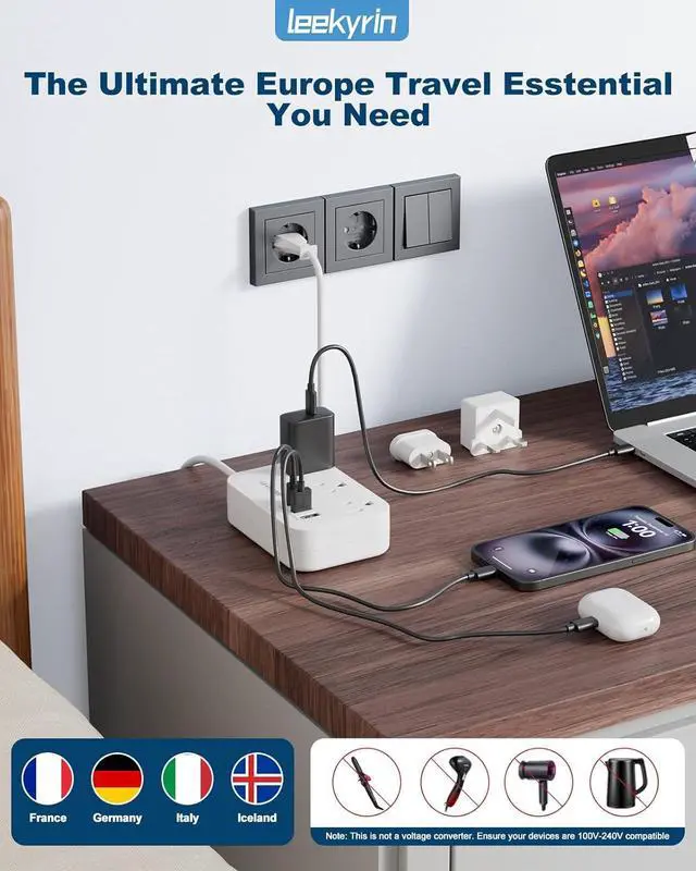 Alt view image 5 of 7 - European Travel Plug Adapter, US to UK Europe Power Strip for EU/UK/US with USB C, 3 USB Ports 3 AC Outlets, 3ft Extension Cord, International Travel Power Strip, Type C for Europe EU Germany France