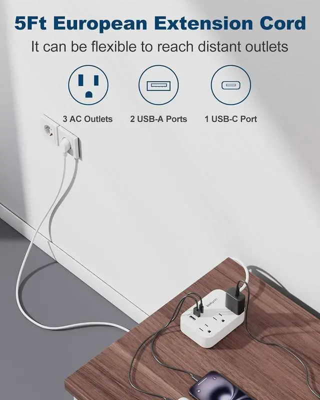 Alt view image 4 of 7 - European Travel Plug Adapter, US to UK Europe Power Strip for EU/UK/US with USB C, 3 USB Ports 3 AC Outlets, 3ft Extension Cord, International Travel Power Strip, Type C for Europe EU Germany France